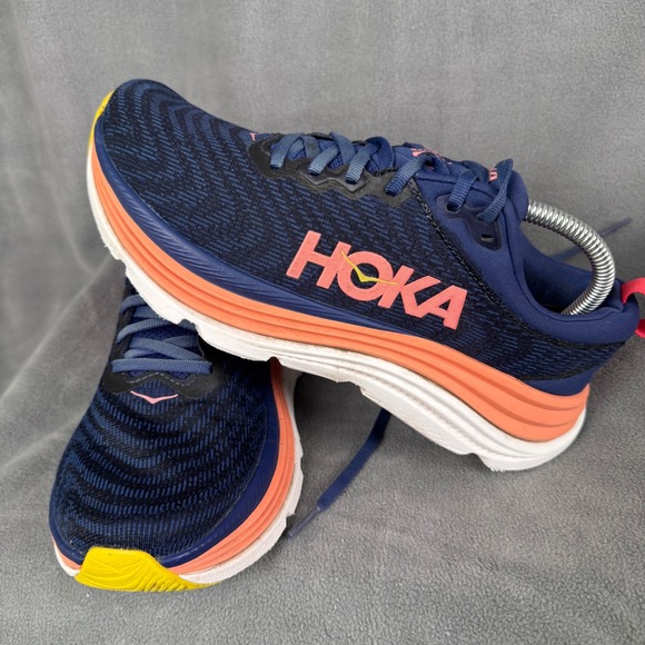 Hoka One One Shoes - Hoka Gaviota 5 Navy Coral Yellow Running Shoes Womens 8.5 1127935-NCYW